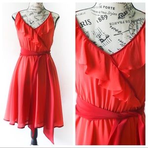 Anthropologie Girls From Savoy Becca Red Silk Ruffle midi Dress with sash